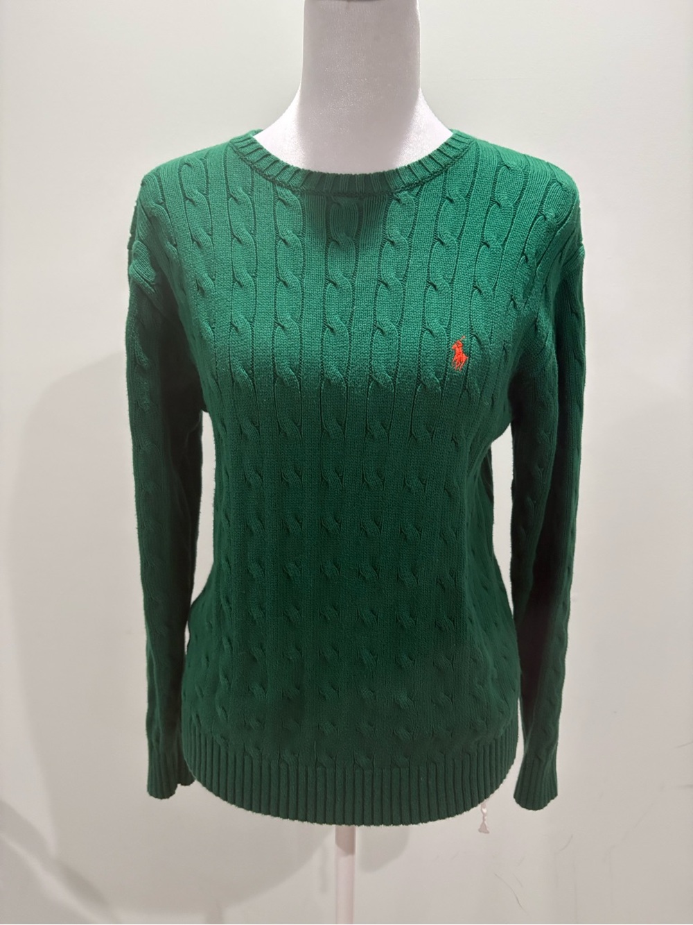 Ralph Lauren Emerald Green Cable-Knit Crewneck Sweater with Red Pony